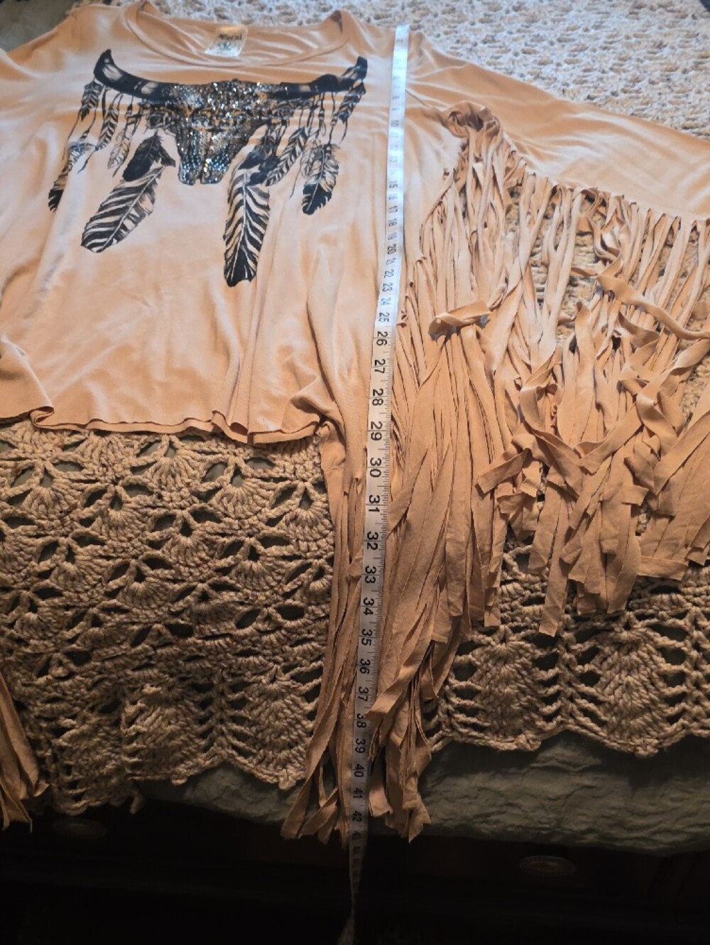 Vocal Beige Fringe Top with Embellished Bull Skull - Picture 6 of 7